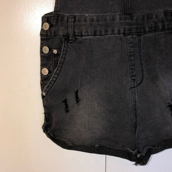 Black Distressed Short Jean Overalls - Picture 2 of 6